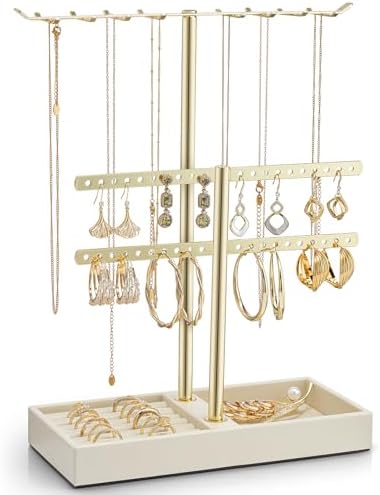 VLANDO 2 Tier Jewelry Stand Organizer with Tary, Leather Jewelry Holder Display for Women, Gold Jewlery Holder Stand for Necklace, Earring, Bracelet, Rings - Cloud White by VLANDO