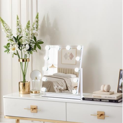 Vanity Mirror with Lights, 13'' x 11'' Lighted Makeup Mirror for Desk, Hollywood Mirror with 12 Dimmable Bulbs, 3 Color Modes, Smart Touch Control, 360°Rotation, Gifts for Girls, Women, Wife - Image 6