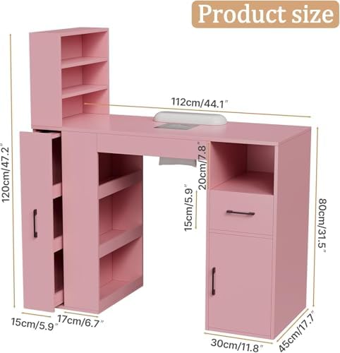 Professional Nail Desk for Nail Tech with Storage Cabinet and Fan – Modern Nail Table for Salon, Nail Tech Table with Drawer, Armrest & Dust Collector,Manicure Table Nail Desk (Pink) - Image 2