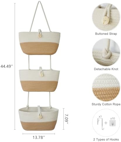TeoKJ Over the Door Hanging Baskets with Wooden Button, 3-Tier Wall-Mounted Decorative Nursery Kitchen Baskets, White & Jute - Image 2