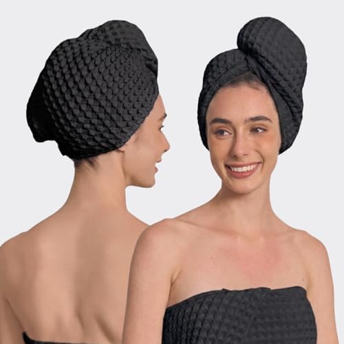 Luxury Organic Japanese Cotton Hair Drying Waffle Towel Wrap for Women | Absorbent, Quick-Dry Head Turban for Shower, Sauna, Spa | Extra Large for Long, Curly, Straight Hair With Button (Black, 1 Pc) by KOSMU