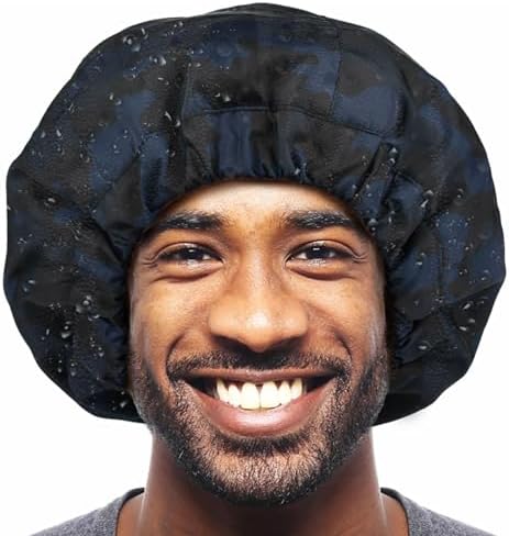 Shower Cap for Men Blue Camouflage Bath Cap, Reversible Large Waterproof Adjustable Shower Caps Terry Lining & Elastic Band Stretch Hem Hair Hat - Image 7
