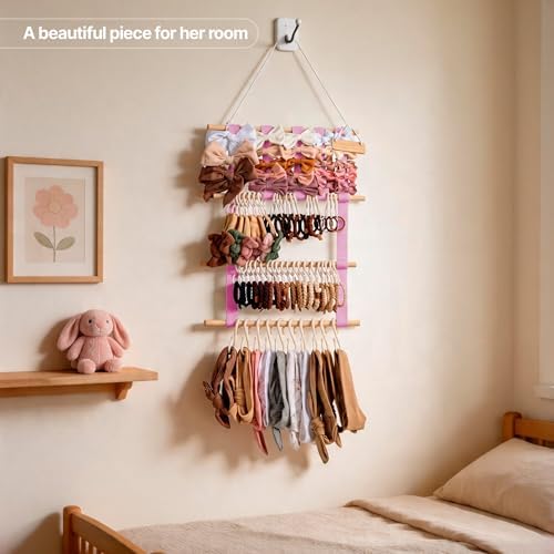 Bow Holder for Girls Hair Bows, Hair Bow Organizer, Headband Holders, Hanger Wall, Clip Organizer, Ribbon Storage for BabyGirl Nursery Wall Decor - Nametag, XXL Hooks, Stickers included - Pink - Image 6