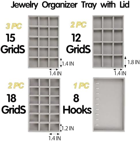 Set of 8 Stackable Jewelry Organizer Trays with 1 Lid for Drawer & Dresser Organizer, Adjustable Velvet Jewelry Box Tray Earring Organizer Necklace Storage Ring Bracelet Display Case (Gray) - Image 2