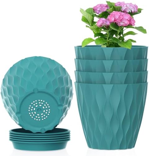 Meowell 4 inch Small Plastic Nursery Pots, 5 Pack Water Ripples Flower Pots for Indoor Plants, Plant Pots with Drainage Holes and Saucers, Seedling Starter Planters for House Plants, Blue Green by Meowell