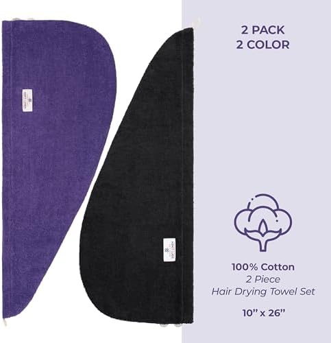 American Soft Linen 100% Cotton Hair Towels for Women, Head Towel Cap, Cotton Hair Turban Towel Wrap for Long Curly Anti Frizz Hair, Soft and Absorbent Cotton Hair Towels 2 Pack, Purple-Black - Image 5