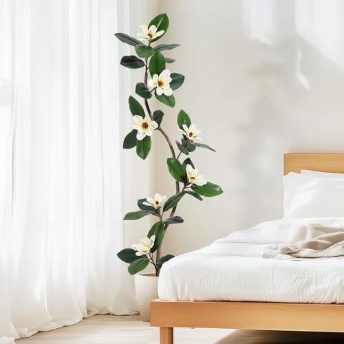 IDEALHOUSE 5ft Artificial Magnolia Tree, Faux Rubber Plant Floor Plant in White Planter, with 7 Pcs Magnolia Flowers for Home Decor for Home Office Living Room Decor - Image 6