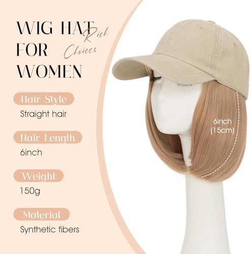 Rich Choices Hat Wigs for Women,Khaki Baseball Cap with Hair Extensions for Women,Short Bob Hairstyle Caps with Synthetic Hair Attached Adjustable Baseball Cap Wig 6 Inch Light Blonde Hair - Image 2