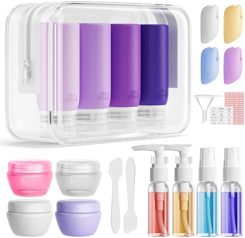 Muslish 21 Pack Travel Bottles for Toiletries, Leak-Proof TSA Compliant Silicone Travel Size Containers for Shampoo and Conditioner, BPA Free with Toiletry Bag (Purple) by MUSLISH