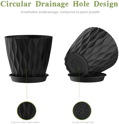 6 Inch Plant Pots, 6 Pack Indoor Flower Pots, Planters with Drainage Holes and Trays for Orchids, Violets, Succulents, Herbs, and Other Plants, Black - Image 3