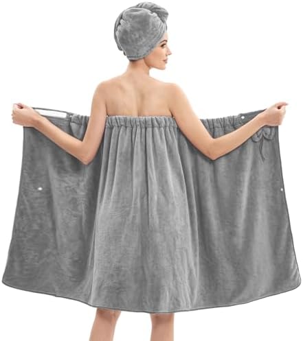 Women's Bath Towel Wrap with Hair Towel, Adjustable Soft Microfiber–Grey by HJMJY