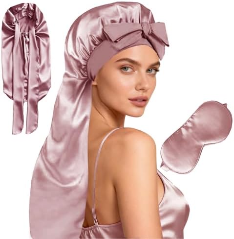 Womens 2Pcs Silk Satin Bonnet Long Hair Bonnets For Sleeping Silky Bonnet With Eye Mask Braids Curly Hairs Sleep Cap by WJingYiJia