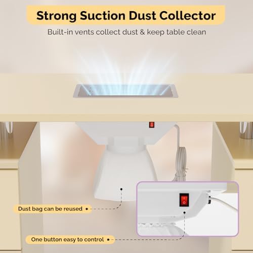OmySalon Manicure Table Nail Desk for Nail Tech, Nail Table Station w/Electric Dust Collector, Makeup Beauty Salon Storage Acetone Resistant w/Wheels,Wrist Cushion (Almond Cream, Single 42.5''L) - Image 3