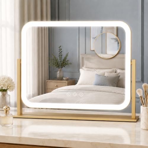FENNIO Vanity Mirror with Lights 17''x13'' Makeup Mirror with Lights,Vanity Mirror Touch Screen with 3-Color Lighting,Dimmable,for Vanity Desk Tabletop Gold by FENNIOLEDMIRRORS