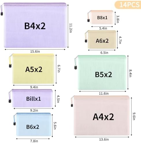 EOOUT 14pcs Mesh Zipper Pouch, 8 Sizes Waterproof Zipper Bags, 7 Colors Waterproof Plastic Document Pouch, Multipurpose for Travel Storage, Office Appliances, Home Organize - Image 2