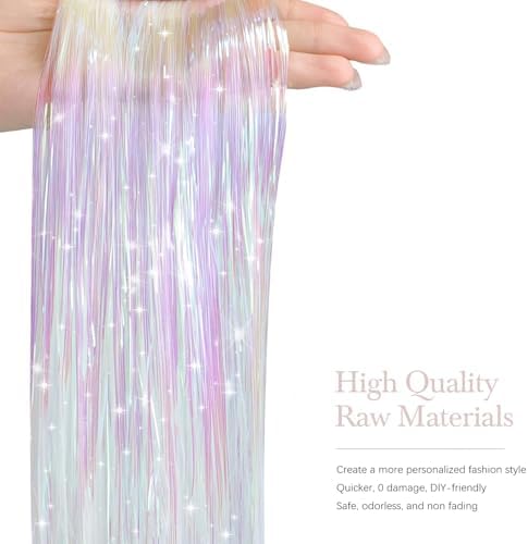 Hair Tinsel 8 Packs 1600 Strands 50 Inch Tinsel Hair Extensions White Heat Resistant Glitter Sparkling Shinny Fairy Hair Accessories for Women(White, 50Inch) - Image 2