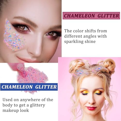 MEICOLY Chameleon Baby Pink Body Glitter,Pink Turn to Purple Face Glitter Paint,Holographic Color Changing Mermaid Hair Glitter Gel for Hair,Self-Adhesive Pink Halloween Glitter for Festival Party - Image 3