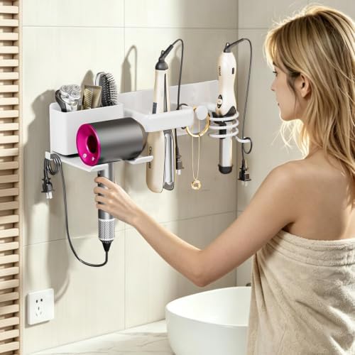 5 in 1 Hair Dryer Holder Hair Tool Organizer Metal Wall Mount (White) - Image 3