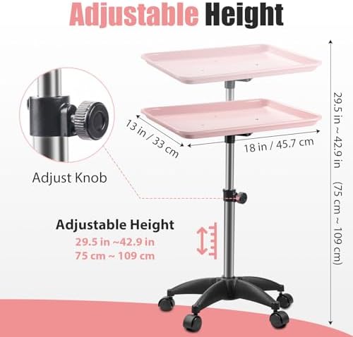 Salon Tray On Wheels Tattoo Tray Rolling Trolley Adjustable Height Storage Utility Cart for Clinic Spa Rolling Tray (Black) (Pink) - Image 2