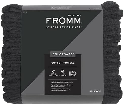 Fromm ColorSafe 100% Cotton Bleach Proof Salon Hair Towels, Black, 12-Pack by Fromm