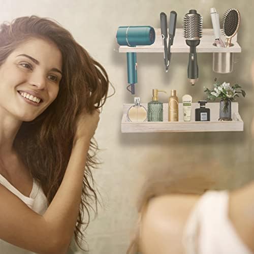 Wall Mount Hair Tool Organizer, 2 Tier Rustic Wooden Blow Dryer Holder - Image 2
