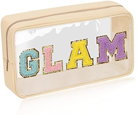 Iqimott Clear Patch Makeup Bag Monogram Pouch, Preppy Personalized Chenille Letter Cosmetic Pouch for Travel, Nylon Waterproof Organizer Travel Essentials Zipper Toiletry Bags for Women Girls(Beige) by Iqimott