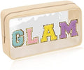 Iqimott Clear Patch Makeup Bag Monogram Pouch, Preppy Personalized Chenille Letter Cosmetic Pouch for Travel, Nylon Waterproof Organizer Travel Essentials Zipper Toiletry Bags for Women Girls(Beige) by Iqimott