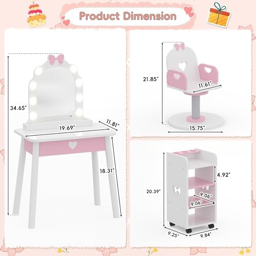 Wooden Kids Vanity Table and Chair Set with Light and Mirror, Princess Makeup Vanity Desk with Barber Chair and Rolling Cart, Pretend Hair Salon Play Set, Toddler Vanity Set for Girls, White - Image 4