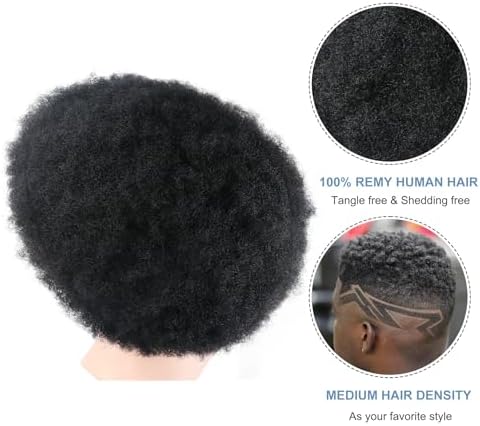 Afro Curly Toupee Men's Wigs for Black African American Male Hair Unit Black 4MM Curly Afro Mans Weave Hairpiece1# Jet Black Invisible HD Swiss Lace Replacement Systems 8x10 Real Human Hair - Image 3