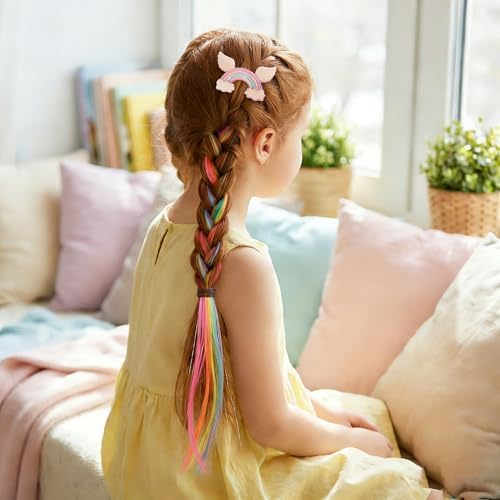 Little World Hair Clips for Girls, 6 Pcs Rainbow Hair Extensions, Unicorn Hair Clips for Girls Toddler Kids Ponytails, Hand-made Cute Glitter Hair Accessories - Image 3