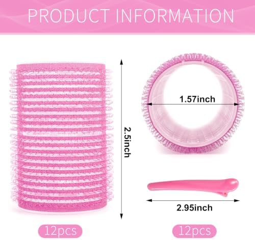 Hair Rollers, 12 Pack Self Grip Salon Hairdressing Curlers, DIY Curly Hairstyle, Large Rollers 1.57In Pink - Image 2