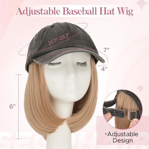 SEGO Unisex Vintage Baseball Cap with Hair Extensions for Women Synthetic Hair Attached Short Straight Hairpiece Dark Gray Baseball Cap Wig Adjustable Hat Wigs for Women 6 Inch 18A Light Blonde - Image 3