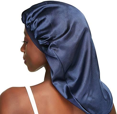 Double Layer Satin Bonnet for Curly Hair Long Bonnet for Braids Medium Navy - Image 5