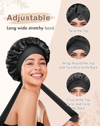 BONNET QUEEN Small Double Layer Silk Bonnet for Sleeping for Women Satin Lined Bonnet Night Cap for Short Thin Hair with Tie Band, Black - Image 4