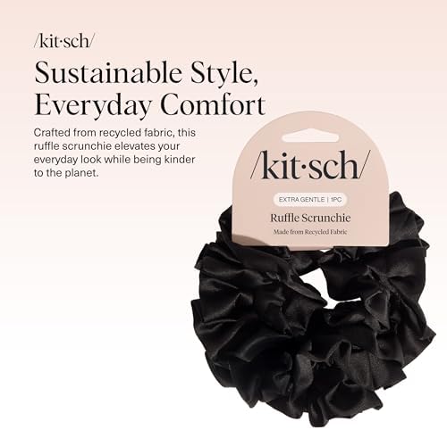 Kitsch Ruffle Satin Scrunchies For Women - Gentle Hair Tie - Black, 1pc - Image 2