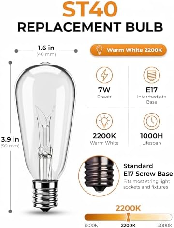 10 Pack ST40 Replacement Bulbs for Outdoor String Lights, 7W E17 Intermediate Base Clear Incandescent Edison Bulbs for Indoor Outdoor Patio Backyard Decor, Warm White - Image 2