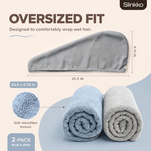Microfiber Hair Towel Wrap for Women – Ultra Absorbent Quick Dry Turban | Button & Loop Design | Soft Lightweight Fabric | Reduces Frizz & Breakage | All Hair Types | Blue & Grey - Image 2