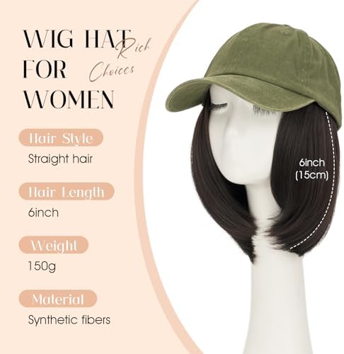 Rich Choices Hat Wigs for Women,Olive Green Baseball Cap with Hair Extensions for Women,Short Bob Hairstyle Caps with Straight Hair Attached Adjustable Baseball Cap Wig 6 Inch Dark Brown Hair - Image 2
