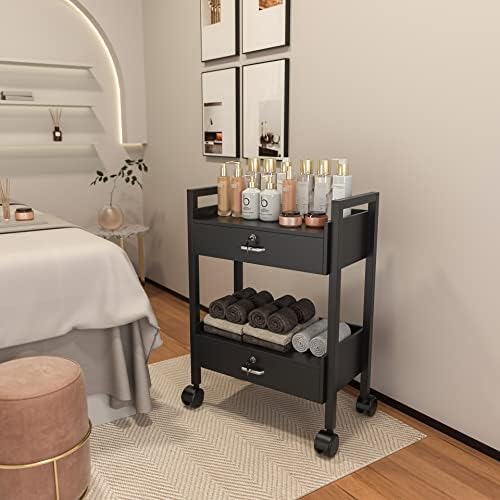 Salon Beauty Cabinet Cart Trolley 2-Layer Rolling Storage Drawer Organizer Wheels Lockable Tool Salon Station Barber Stylist Equipment Makeup Spa Cart (Black-2 Layer) - Image 4