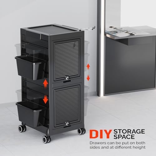 OmySalon Salon Trolley Cart, Hair Stylist Station with 2 Lockable Doors, Rolling Hair Cart Organizer with Drawers & Bucket & Dryer Holder, Barber Shop Hairdressing Beauty Tattoo Versatile Equipment - Image 6
