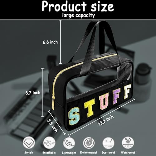 Bunliuys Chenille Letter Clear Makeup Bag Stuff Patch, Travel Toiletry Makeup Bag with Handle, Nylon Waterproof Makeup Bags clear cosmetic bag, preppy patch makeup bag for Women (STUFF-Black) - Image 2