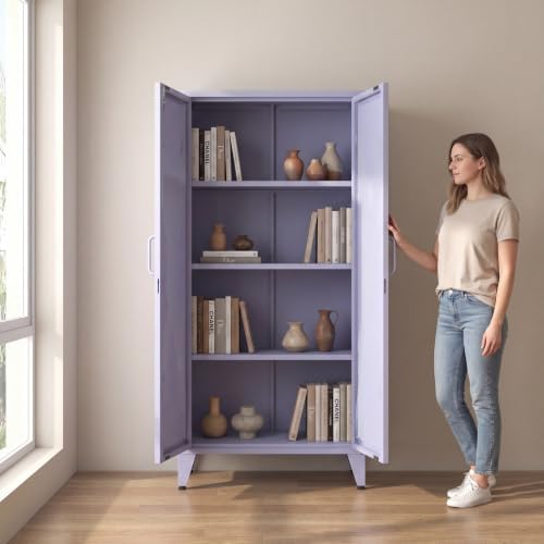 61" H Tall Lockable Steel Storage Cabinet with 2 Doors and 3 Adjustable Shelves,4-Tier Freestanding Metal Locker for Home,Office,Living Room,Gym,Purple 27.6" W x 13.8" D - Image 2