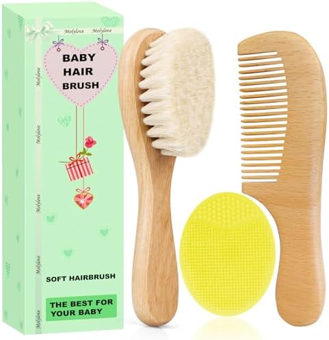 Baby Hair Brush with Wooden Handle and Comb Set for Newborns & Toddlers | Natural Soft Goat Bristles l Wood comb l Yellow Silicone Brush| Ideal for Cradle Cap (3PCS) by Molylove