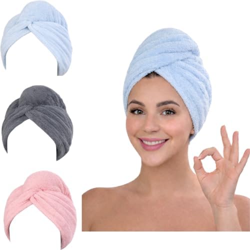 KELVO Microfiber Hair Towel Wrap for Women - Pack of 3, 350 GSM Quick-Dry Hair Turban with Secure Button, Anti-Frizz for Fine to Medium & Wavy Hair, Lightweight Hair Drying Towel (Solid, Mixed Color) by Unknown