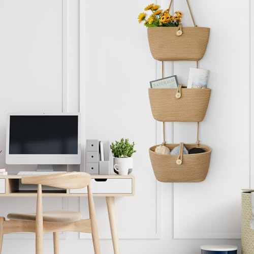 TeoKJ Over the Door Hanging Baskets with Wooden Button, 3-Tier Woven Cotton Storage Organizer Bag, Wall-Mounted with Hook Decorative Hanging Nursery Baskets, Jute - Image 3