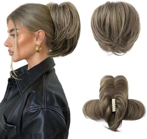 HOOJIH Messy Bun Hair Piece, Claw Clip in Straight Hair Bun 9 Inch Short Ponytail Extension with Bendable Metal Wire Hair Pieces for Women Fake Hair Bun - Chocolate Brown Ash Blonde Highlights by HOOJIH