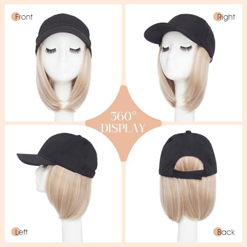 Rich Choices Hat Wigs for Women,Black Baseball Cap with Hair Extensions for Women,Short Bob Hairstyle Caps with Hair Attached Adjustable Baseball Cap Wig 6 Inch-Light Blonde with Ash Highlights - Image 5
