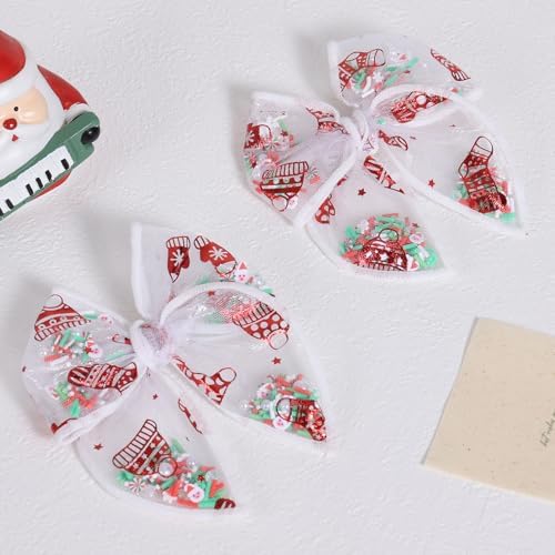 Girls Christmas Fable Bow Hair Clips 2pc 4" Red Mesh Ribbon Santa Claus Alligator Pins Shaker Bow Cheer Barrettes for Teen Toddler Kids Women Xmas Holiday Outfits Decor Accessory Gift - Image 2
