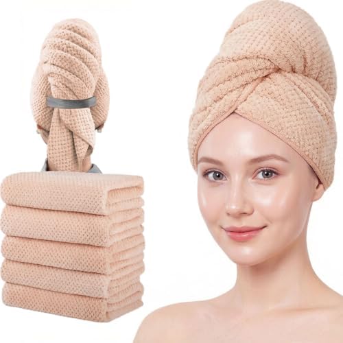 Microfiber Hair Towels, Waffle Hair Towel Set, Super Soft Highly Absorbent, Sturdy Quick Drying Turbans for Long, Thick, Curly Hair (5 Pack, 40" x 20") by Wuwahold