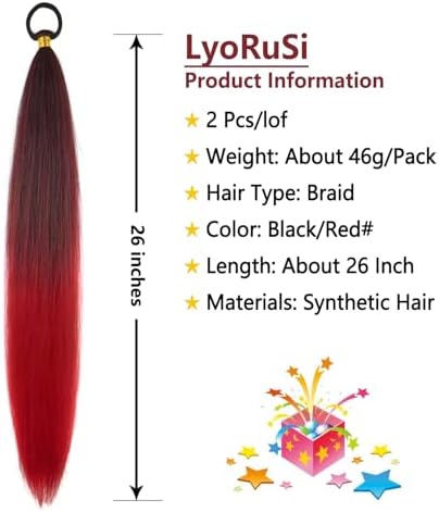 LyoRuSi 2 Pack Braid Ponytail Extension 26'' Black Red Ponytail Extension - Image 2
